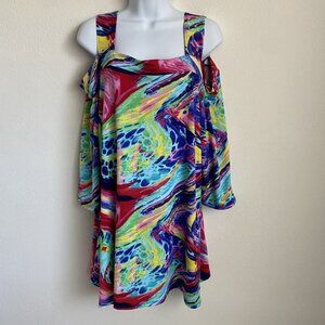 Fashque Studio Womens XL Multicolor Cold Shoulder 3/4 Sleeve Abstract Tunic